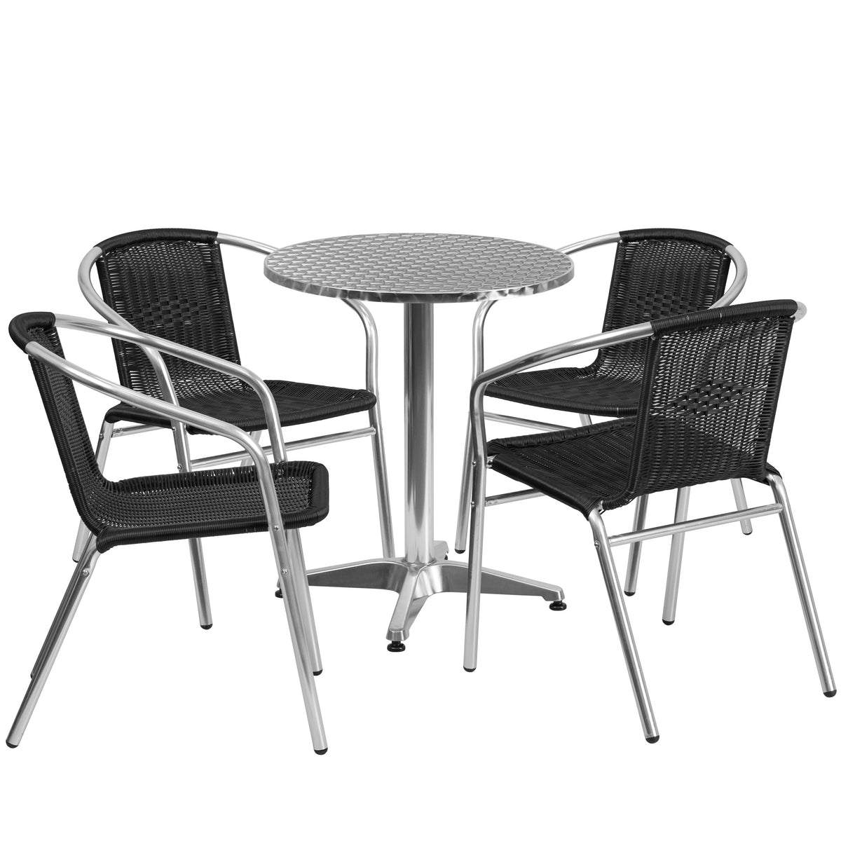 Black |#| 23.5inch Round Aluminum Indoor-Outdoor Table Set with 4 Black Rattan Chairs