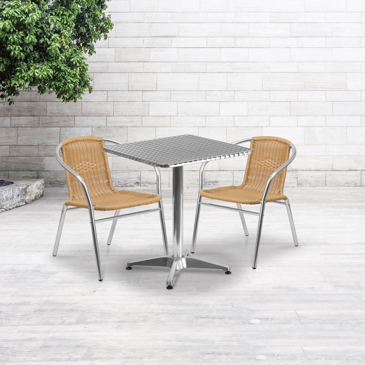 Beige |#| 23.5inch Square Aluminum Indoor-Outdoor Table Set with 2 Beige Rattan Chairs