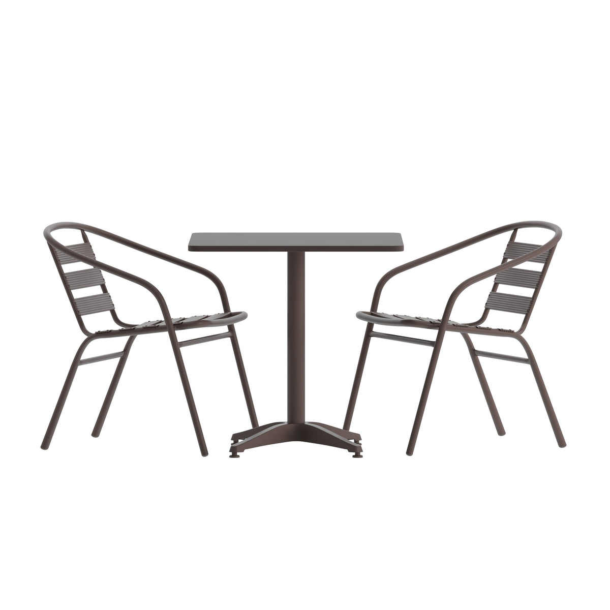 Bronze |#| Modern 23.5" Square Glass Framed Glass Table with 2 Bronze Slat Back Chairs