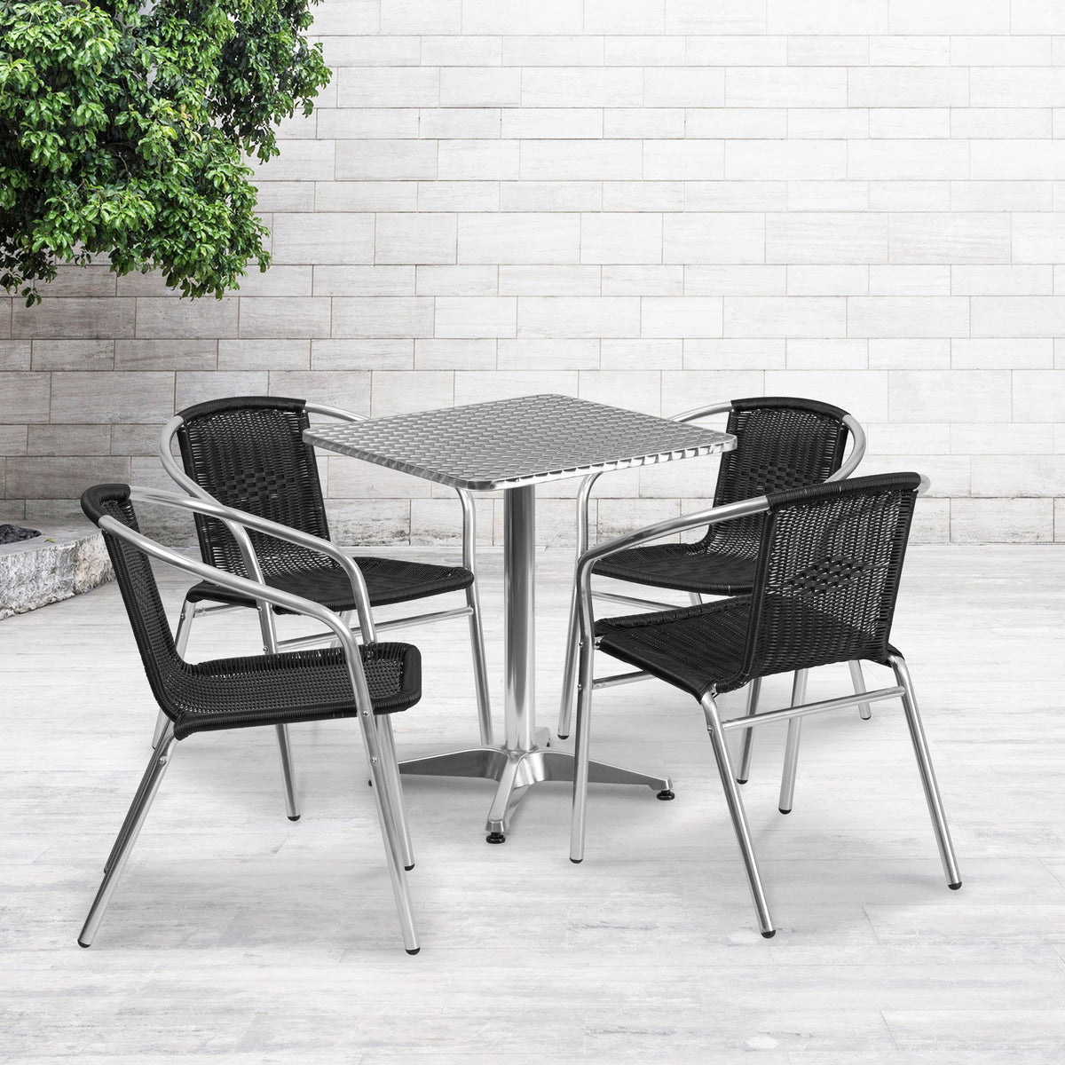 Black |#| 23.5inch Square Aluminum Indoor-Outdoor Table Set with 4 Black Rattan Chairs