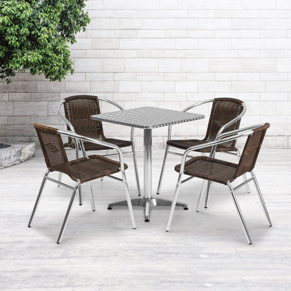 Dark Brown |#| 23.5inch Square Aluminum Indoor-Outdoor Table Set with 4 Dark Brown Rattan Chairs
