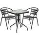 Black |#| 23.5inch Square Glass Metal Table with 2 Black Metal Aluminum Slat Stack Chairs