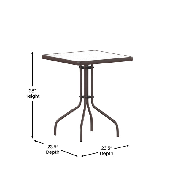 Bronze |#| Modern 23.5inch Square Glass Framed Glass Table with 2 Bronze Slat Back Chairs