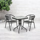 Black |#| 23.5inch Square Glass Metal Table with 2 Black Metal Aluminum Slat Stack Chairs