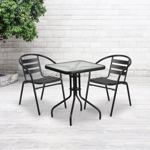 Black |#| 23.5inch Square Glass Metal Table with 2 Black Metal Aluminum Slat Stack Chairs