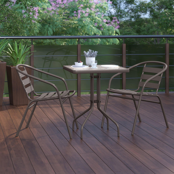 Bronze |#| Modern 23.5inch Square Glass Framed Glass Table with 2 Bronze Slat Back Chairs