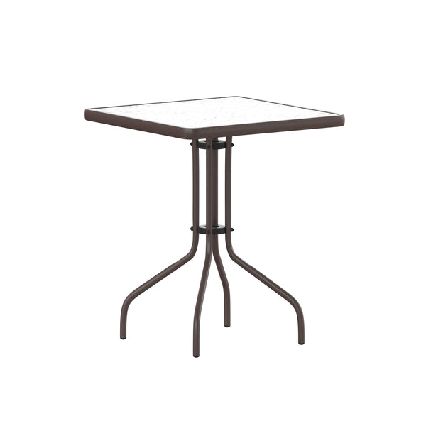 Bronze |#| Modern 23.5inch Square Glass Framed Glass Table with 2 Bronze Slat Back Chairs