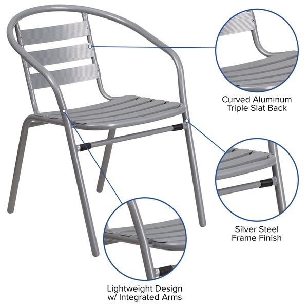 Silver |#| Modern 23.5inch Square Glass Framed Glass Table with 2 Silver Slat Back Chairs