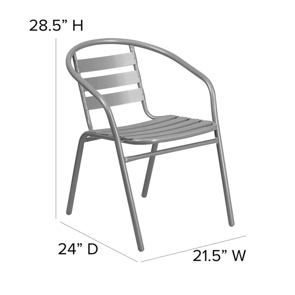 Silver |#| Modern 23.5inch Square Glass Framed Glass Table with 2 Silver Slat Back Chairs