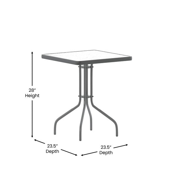 Silver |#| Modern 23.5inch Square Glass Framed Glass Table with 2 Silver Slat Back Chairs