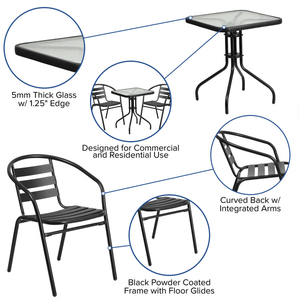 Black |#| 23.5inch Square Glass Metal Table with 2 Black Metal Aluminum Slat Stack Chairs