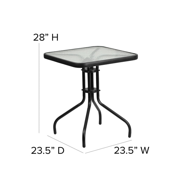 Black |#| 23.5inch Square Glass Metal Table with 2 Black Metal Aluminum Slat Stack Chairs