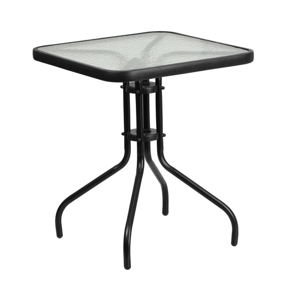 Black |#| 23.5inch Square Glass Metal Table with 2 Black Metal Aluminum Slat Stack Chairs