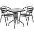 Lila 23.5'' Square Glass Metal Table with 2 Metal Aluminum Slat Stack Chairs