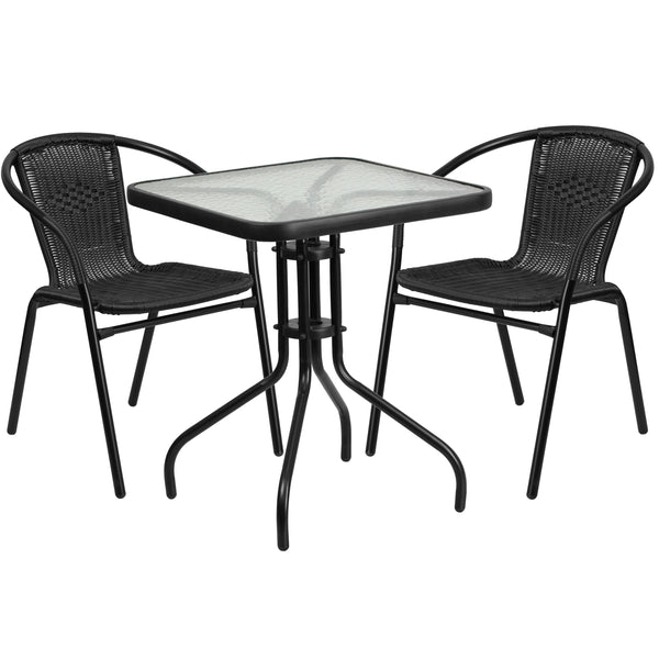 23.5inch Square Glass Metal Table with 2 Black Rattan Stack Chairs