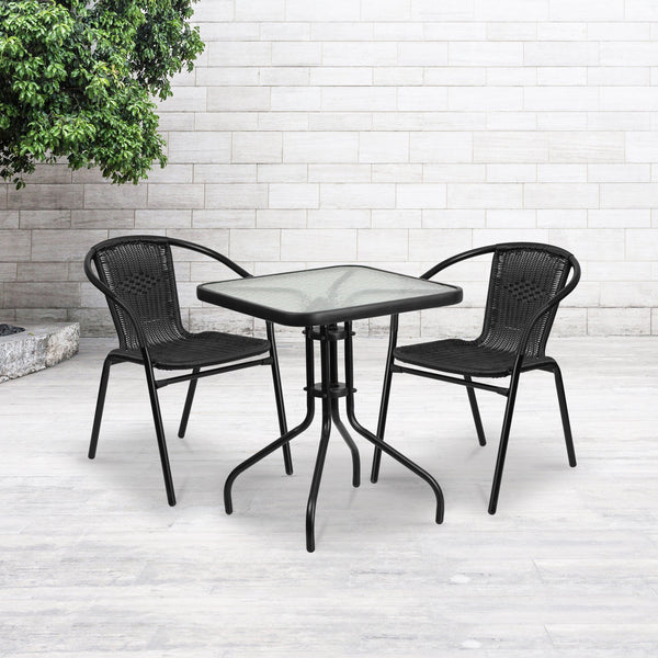 23.5inch Square Glass Metal Table with 2 Black Rattan Stack Chairs