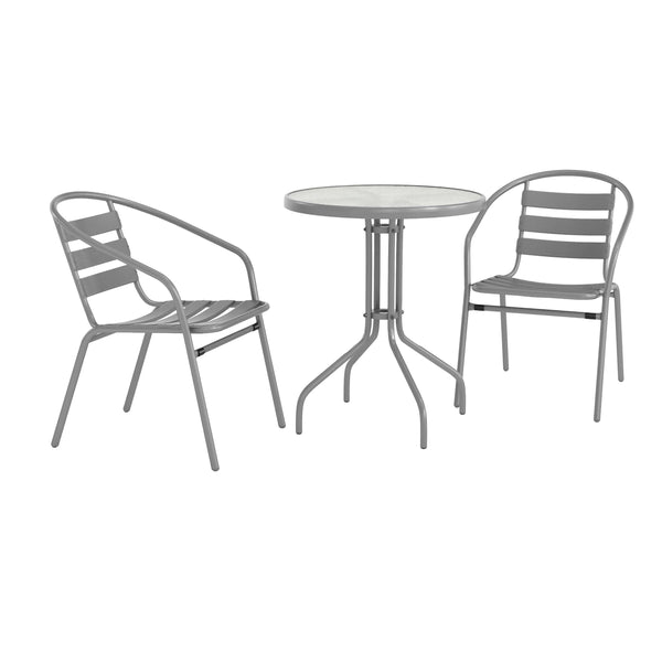 Silver |#| Modern 23.75" Round Glass Framed Glass Table with 2 Silver Slat Back Chairs