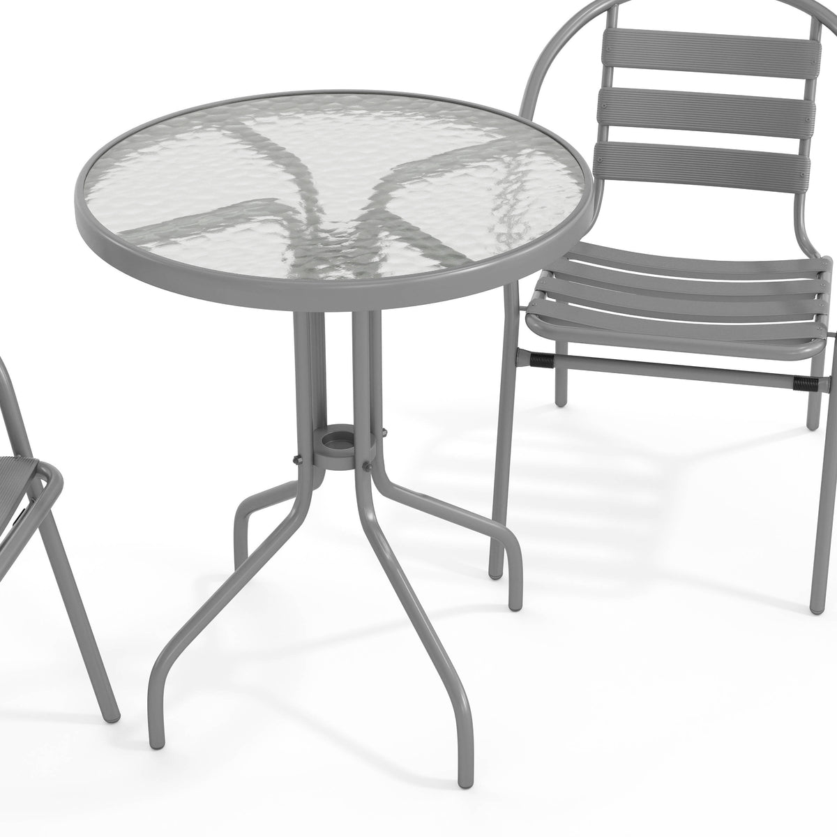 Silver |#| Modern 23.75" Round Glass Framed Glass Table with 2 Silver Slat Back Chairs