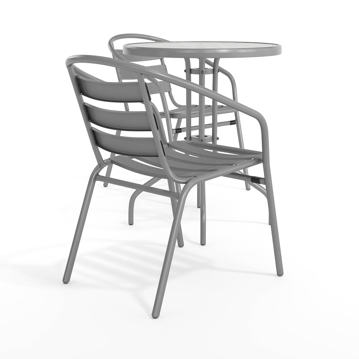 Silver |#| Modern 23.75" Round Glass Framed Glass Table with 2 Silver Slat Back Chairs