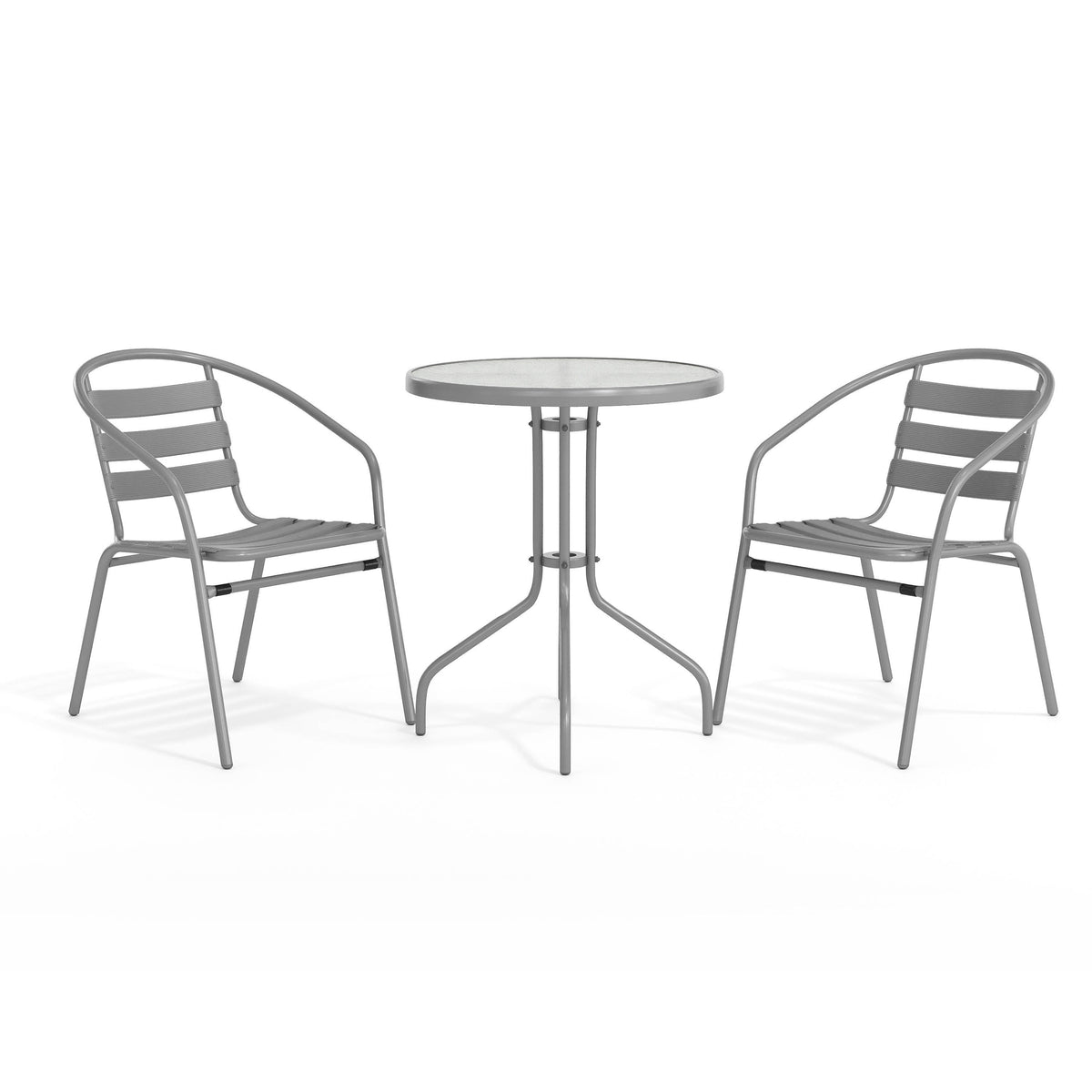 Silver |#| Modern 23.75" Round Glass Framed Glass Table with 2 Silver Slat Back Chairs