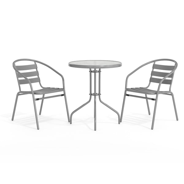 Silver |#| Modern 23.75" Round Glass Framed Glass Table with 2 Silver Slat Back Chairs