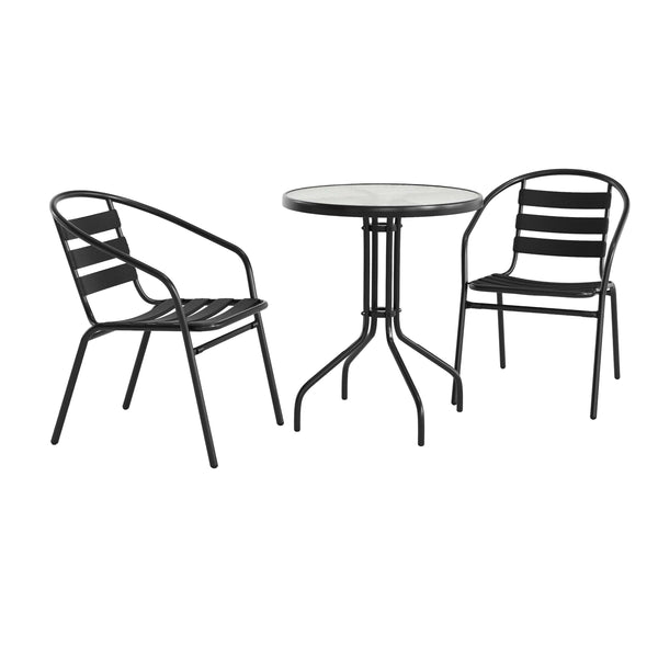 Black |#| 23.75" Round Glass Metal Table with 2 Black Metal Aluminum Slat Stack Chairs