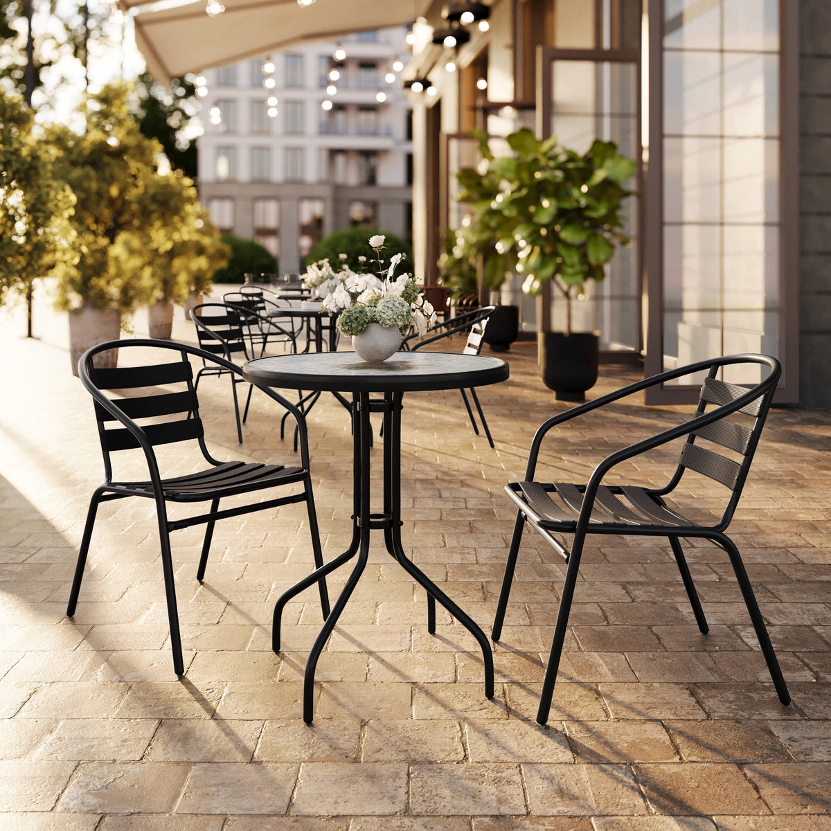 Black |#| 23.75" Round Glass Metal Table with 2 Black Metal Aluminum Slat Stack Chairs