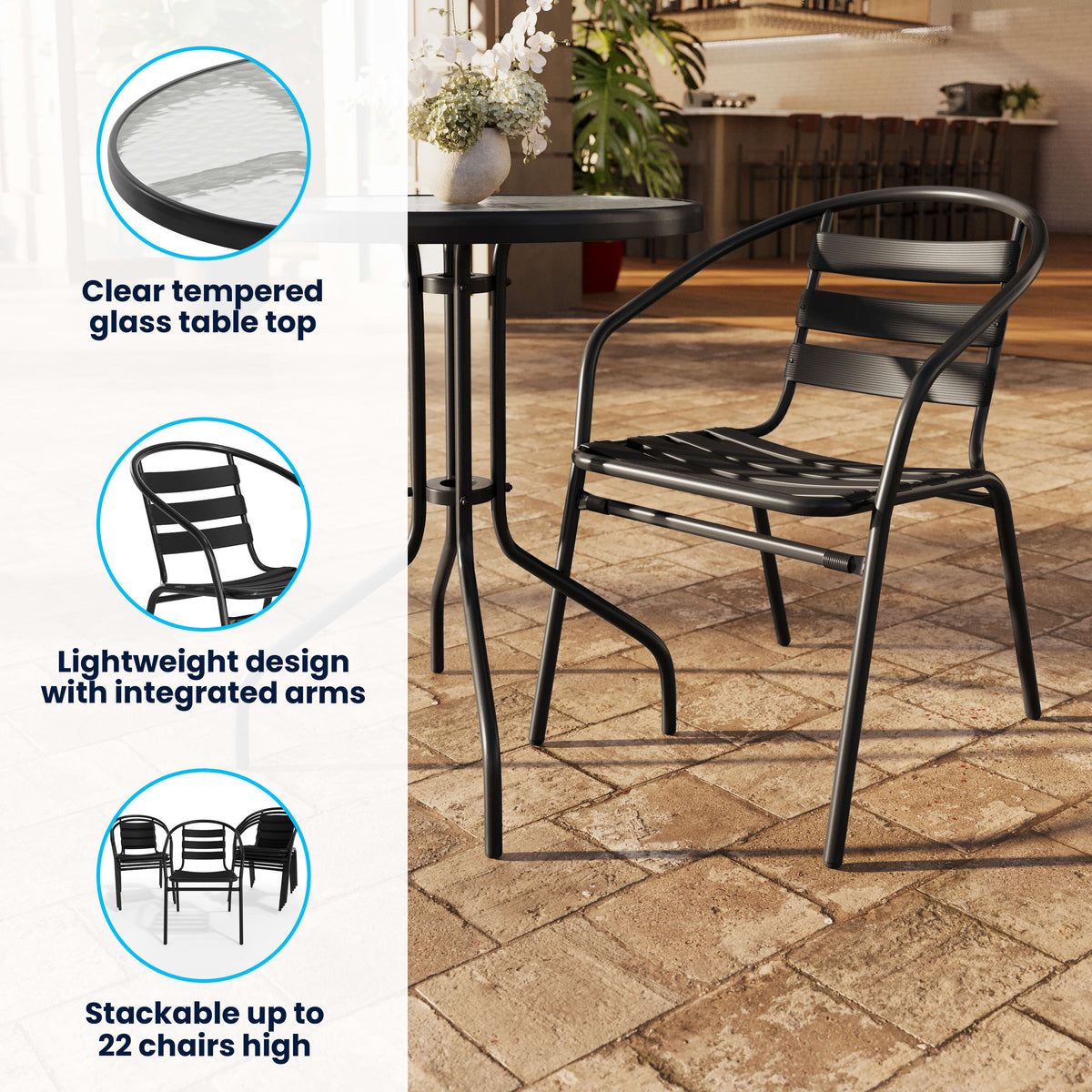 Black |#| 23.75" Round Glass Metal Table with 2 Black Metal Aluminum Slat Stack Chairs
