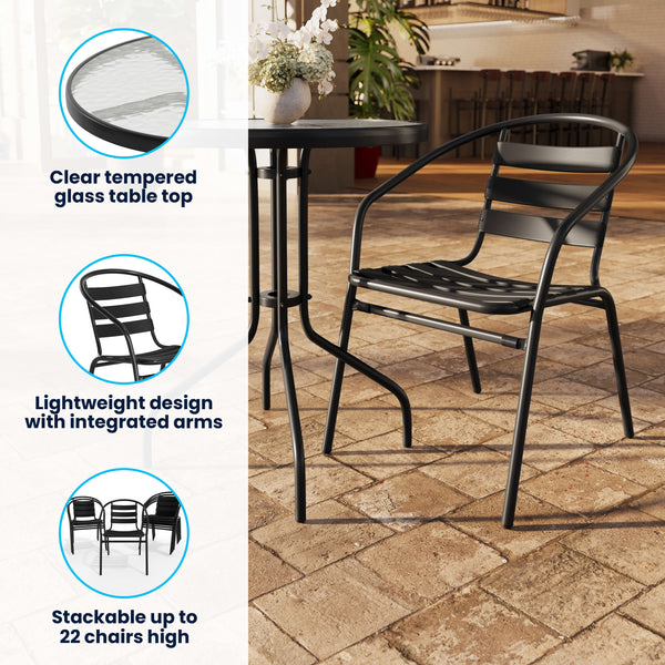 Black |#| 23.75" Round Glass Metal Table with 2 Black Metal Aluminum Slat Stack Chairs