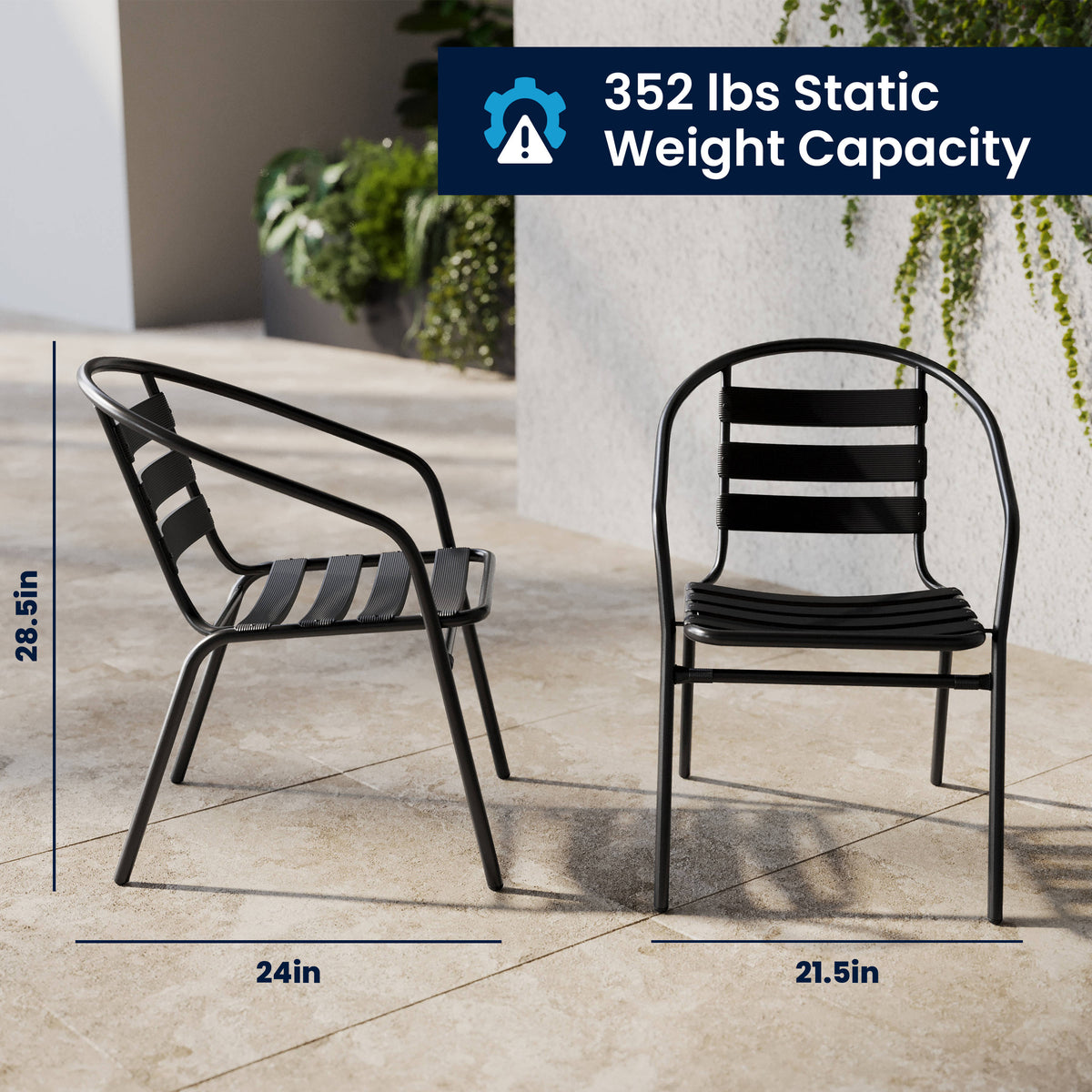 Black |#| 23.75" Round Glass Metal Table with 2 Black Metal Aluminum Slat Stack Chairs