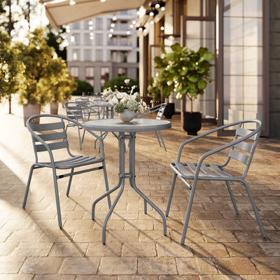 23.75" Round Glass Metal Table with 2 Metal Aluminum Slat Stack Chairs - View 2