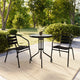 Black |#| 23.75" Round Glass Metal Table with 2 Black Metal Aluminum Slat Stack Chairs