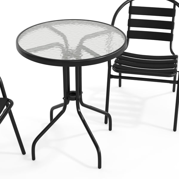 Black |#| 23.75" Round Glass Metal Table with 2 Black Metal Aluminum Slat Stack Chairs