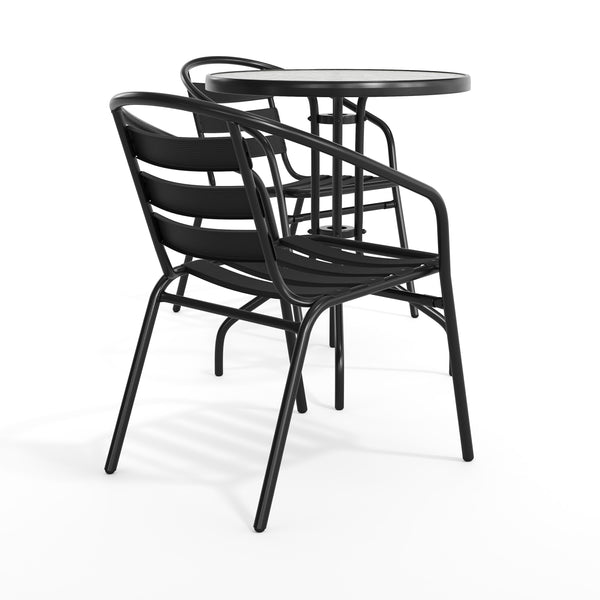 Black |#| 23.75" Round Glass Metal Table with 2 Black Metal Aluminum Slat Stack Chairs