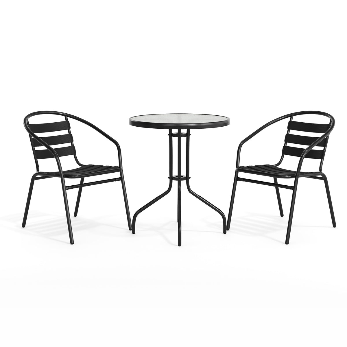 Black |#| 23.75" Round Glass Metal Table with 2 Black Metal Aluminum Slat Stack Chairs