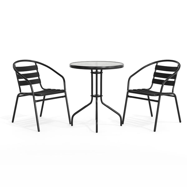 Black |#| 23.75" Round Glass Metal Table with 2 Black Metal Aluminum Slat Stack Chairs