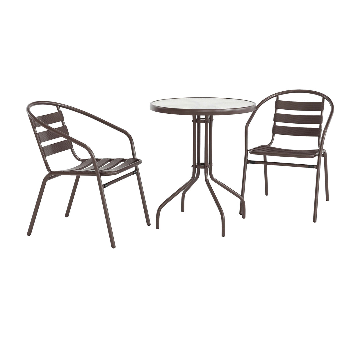 Bronze |#| Modern 23.75" Round Glass Framed Glass Table with 2 Bronze Slat Back Chairs