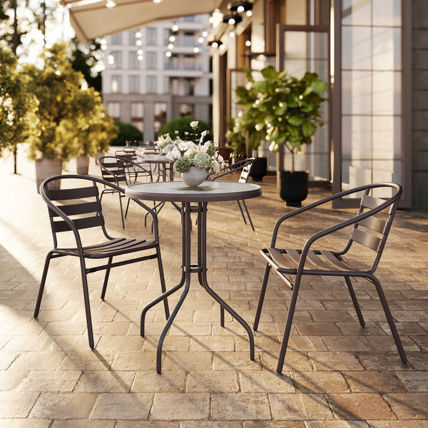 Bronze |#| Modern 23.75" Round Glass Framed Glass Table with 2 Bronze Slat Back Chairs