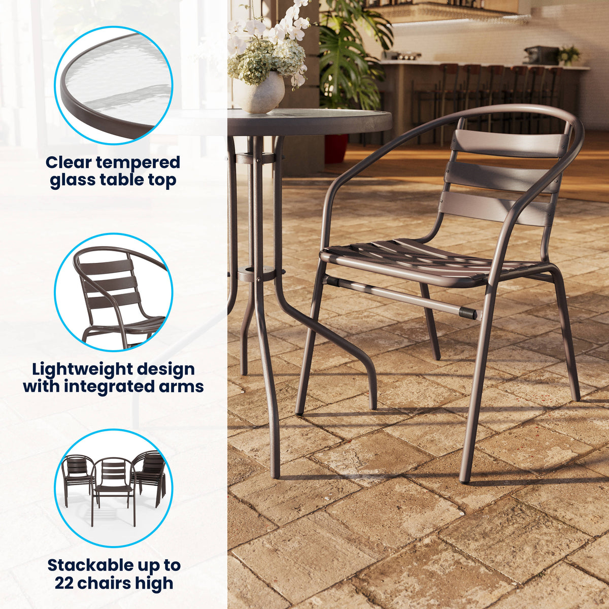 Bronze |#| Modern 23.75" Round Glass Framed Glass Table with 2 Bronze Slat Back Chairs