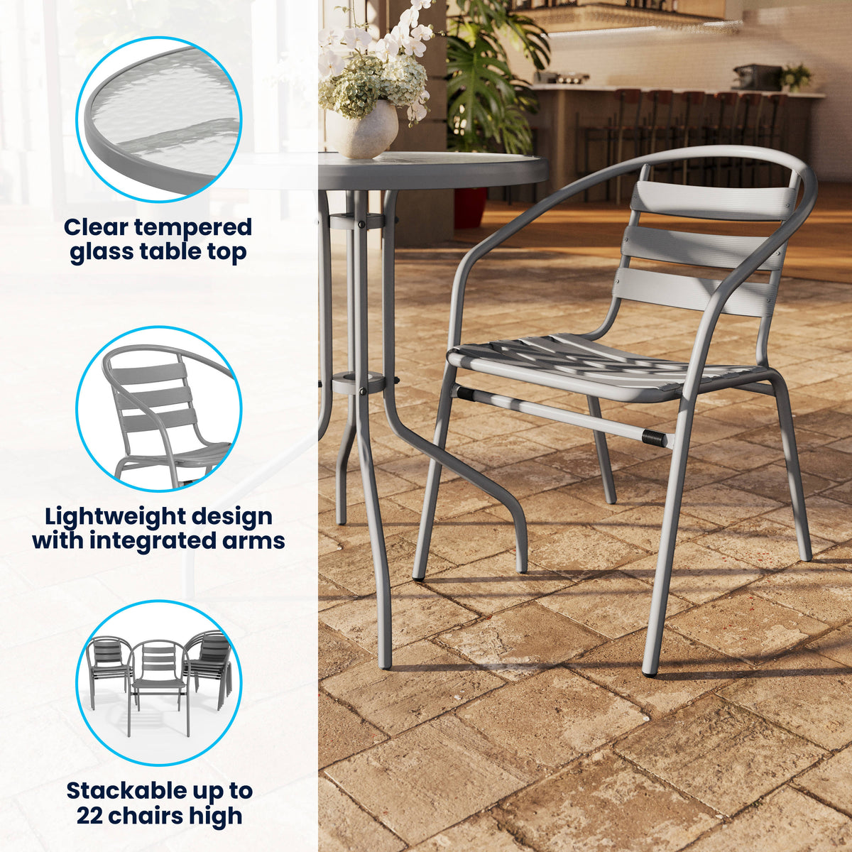 Silver |#| Modern 23.75" Round Glass Framed Glass Table with 2 Silver Slat Back Chairs