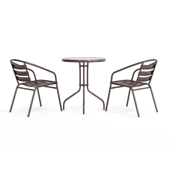 Bronze |#| Modern 23.75" Round Glass Framed Glass Table with 2 Bronze Slat Back Chairs
