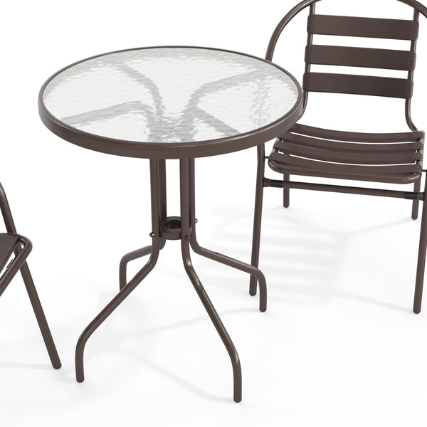 Bronze |#| Modern 23.75" Round Glass Framed Glass Table with 2 Bronze Slat Back Chairs