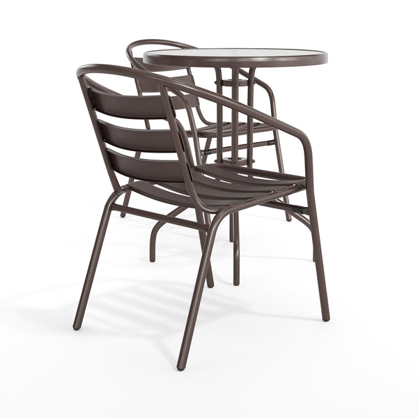 Bronze |#| Modern 23.75" Round Glass Framed Glass Table with 2 Bronze Slat Back Chairs