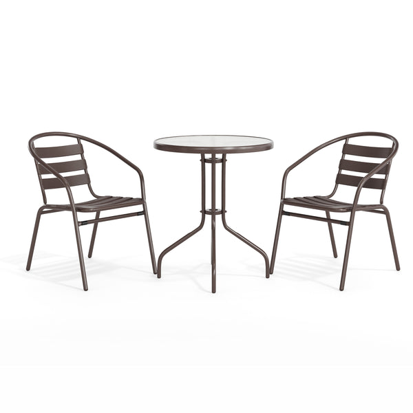 Bronze |#| Modern 23.75" Round Glass Framed Glass Table with 2 Bronze Slat Back Chairs