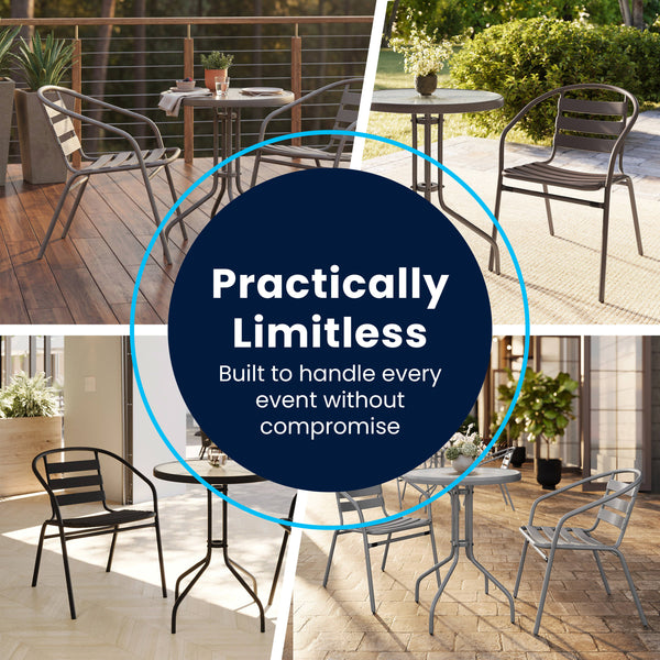 Silver |#| Modern 23.75" Round Glass Framed Glass Table with 2 Silver Slat Back Chairs