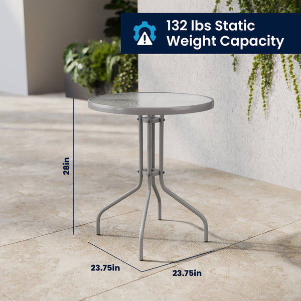 Silver |#| Modern 23.75" Round Glass Framed Glass Table with 2 Silver Slat Back Chairs