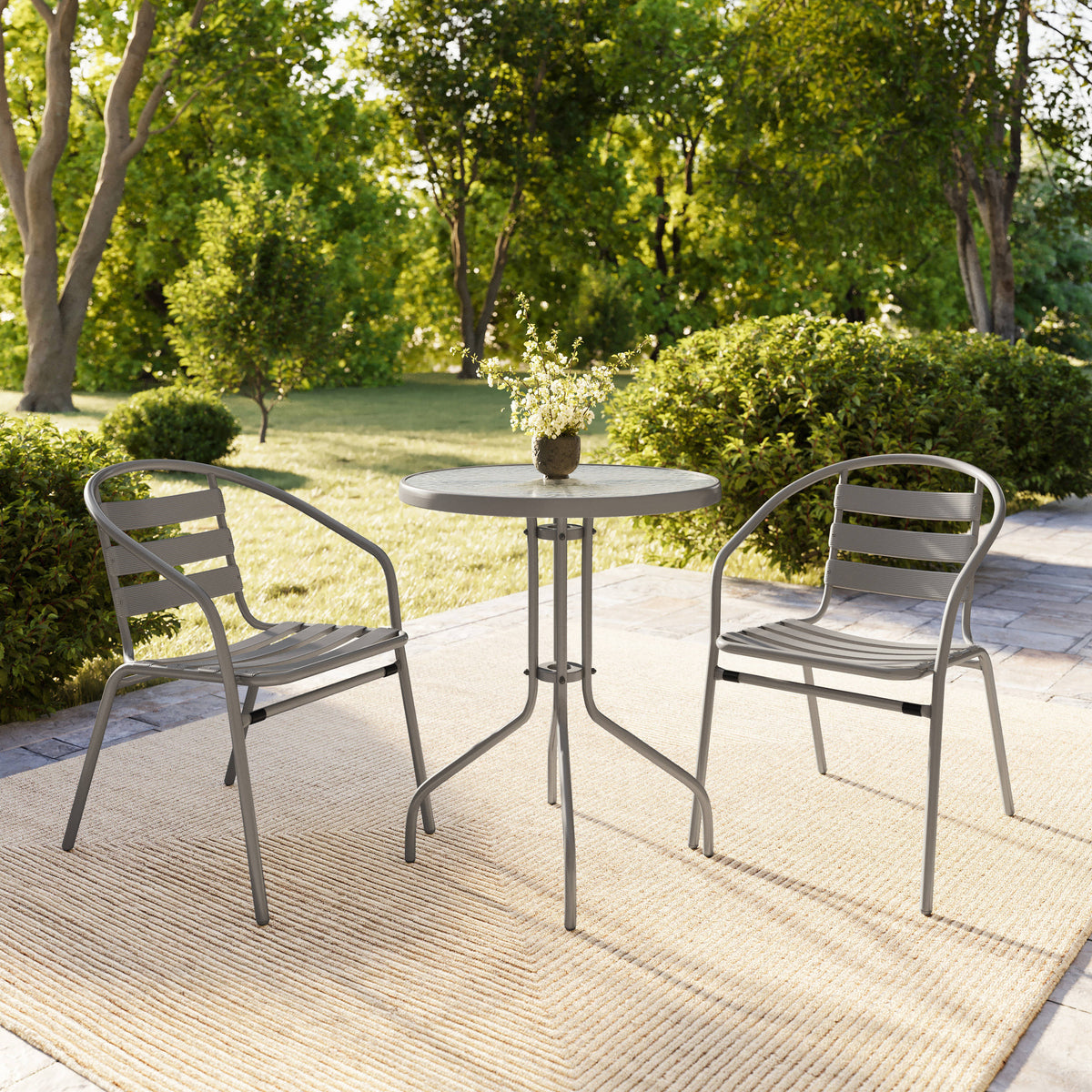Silver |#| Modern 23.75" Round Glass Framed Glass Table with 2 Silver Slat Back Chairs