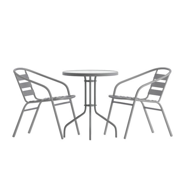 Silver |#| Modern 23.75inch Round Glass Framed Glass Table with 2 Silver Slat Back Chairs