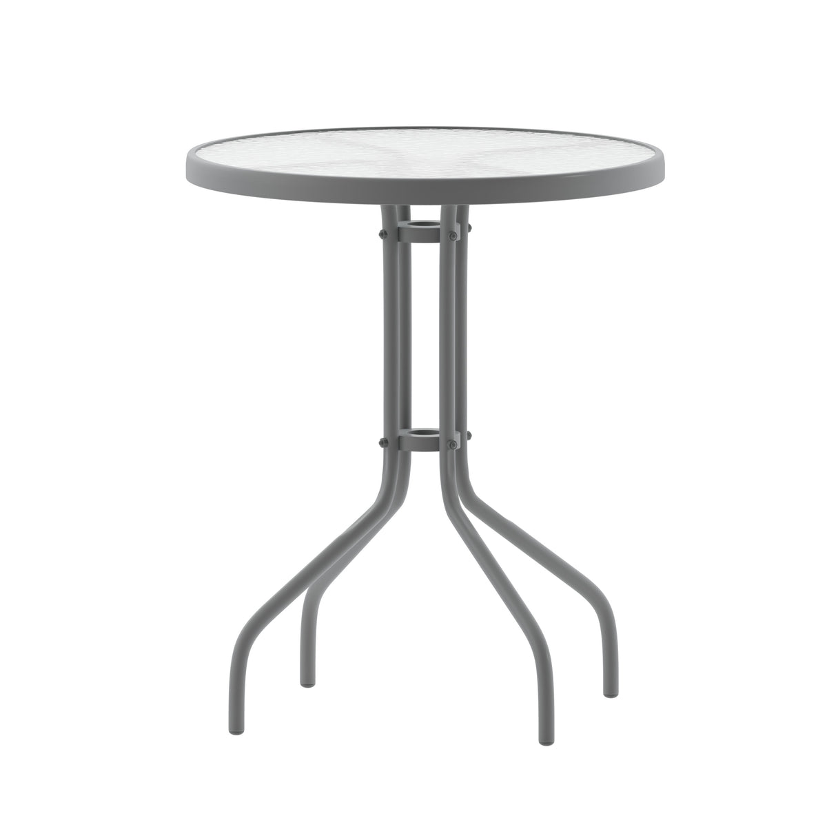 Silver |#| Modern 23.75inch Round Glass Framed Glass Table with 2 Silver Slat Back Chairs
