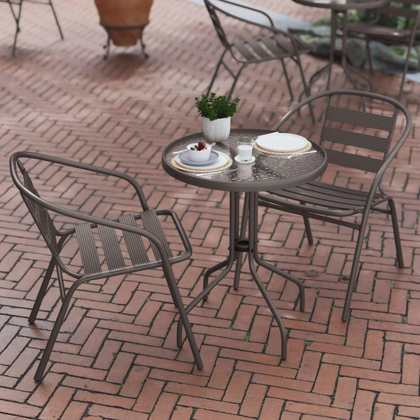 Bronze |#| Modern 23.75inch Round Glass Framed Glass Table with 2 Bronze Slat Back Chairs